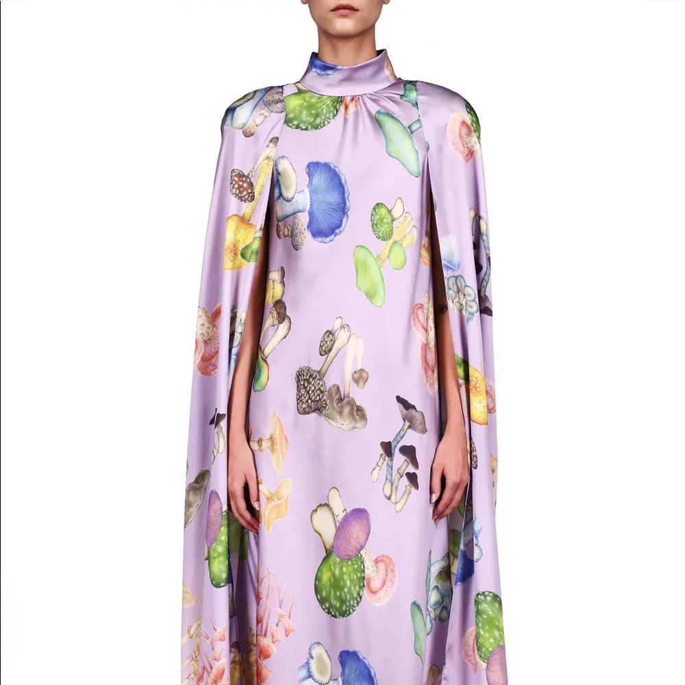 RODARTE LAVENDER MUSHROOM PRINTED SILK SATIN CAPE GOWN